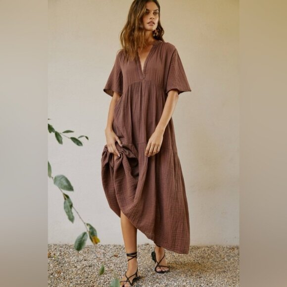 Anthropologie Kallie Flowy Maxi Dress Brown Crinkled Cotton Gauze Empire Waist - Picture 1 of 16